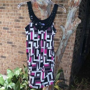 Geometric Patterned Mini Dress - Black, Pink, White